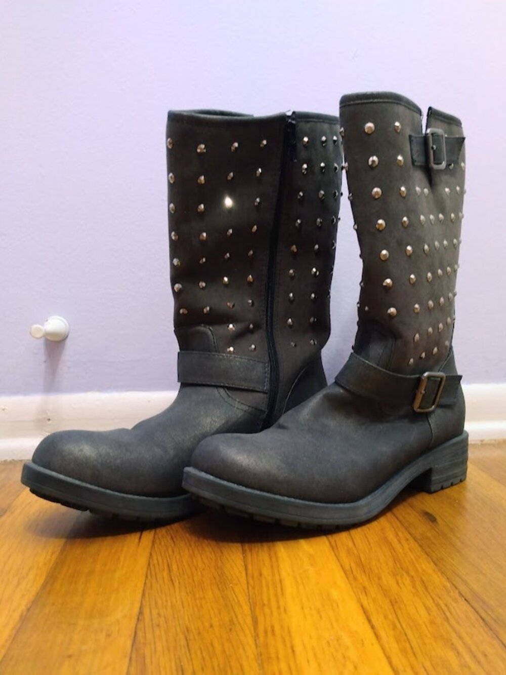 Union Bay Gray Boots Size 10 Calf Length Rhinestone Studded Buckle Zippers Edgy